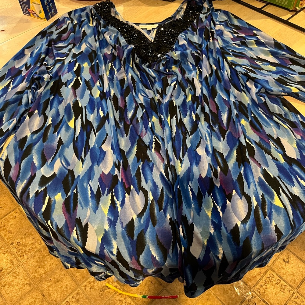 Fashion Bug Blue and Black Patterned Blouse Sz 4X